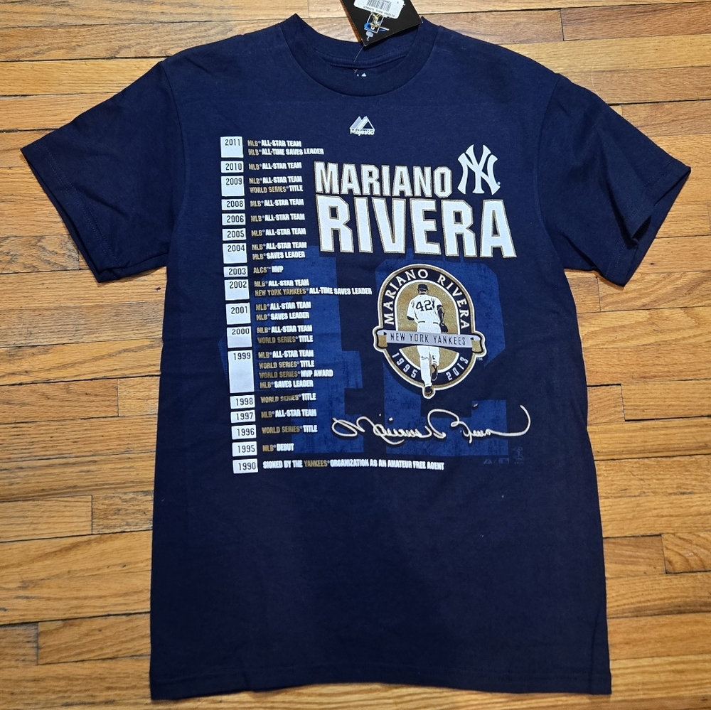 Vintage New York Yankees Shirt Mens Blue MLB Mariano Rivera Career NEW NWT SMALL